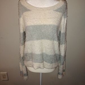 LC Lauren Conrad Cream and Gray Striped Fuzzy Crewneck Sweater